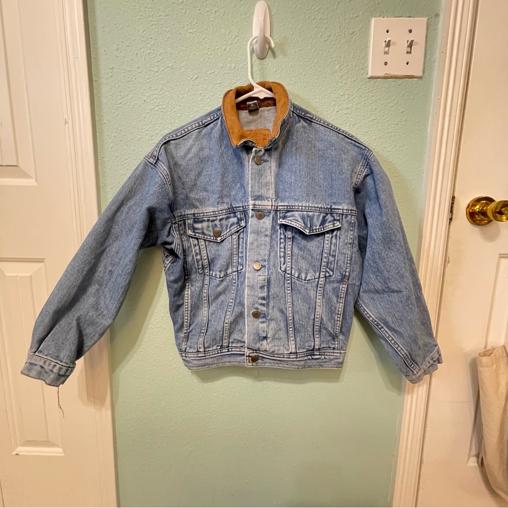 Vintage denim jacket with leather collar